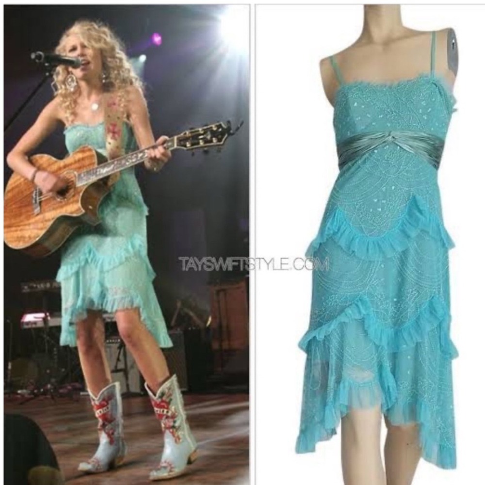 BCBG Beaded Ruffle Strapless Dress Taylor Swift Debut Aqua Silk Prom Formal Sz L